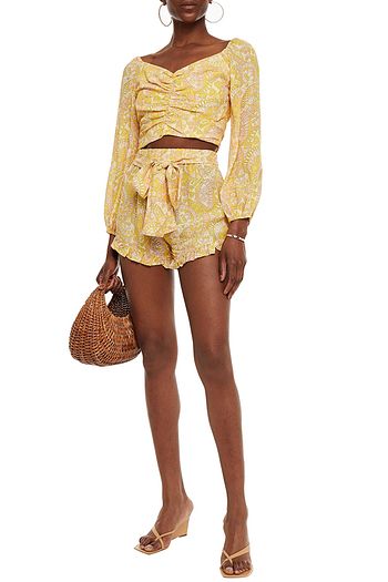 PALOMA BLUE Noa cropped gathered printed crepe de chine top