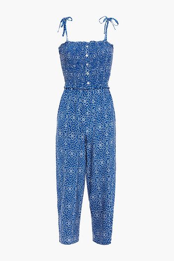 PALOMA BLUE Pearl cropped shirred printed crepe de chine jumpsuit