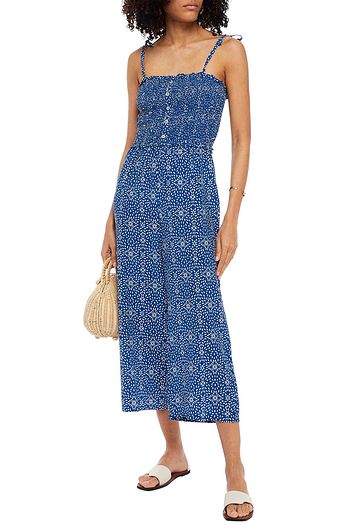 PALOMA BLUE Pearl cropped shirred printed crepe de chine jumpsuit