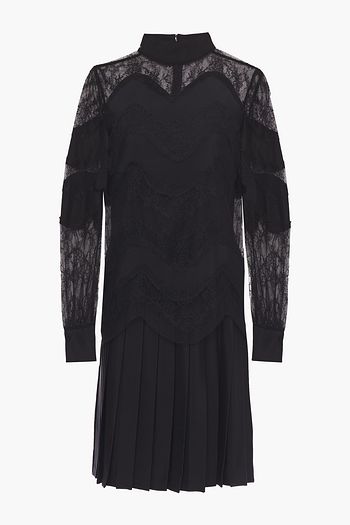 VALENTINO Pleated Chantilly lace-paneled silk-cady dress