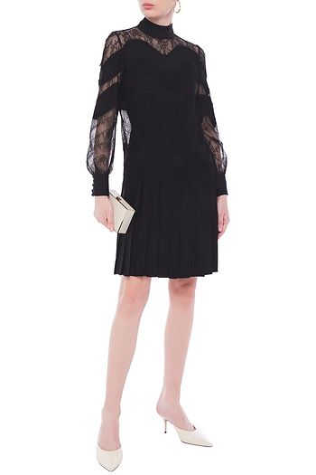VALENTINO Pleated Chantilly lace-paneled silk-cady dress