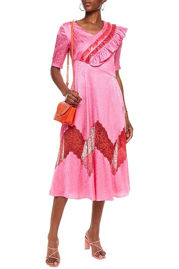 VIVETTA Lace-paneled ruffled floral-jacquard midi dress