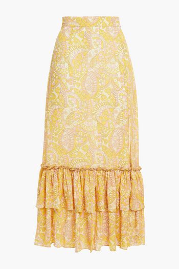 PALOMA BLUE Romy ruffled printed crepe de chine midi skirt