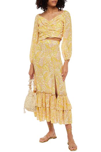 PALOMA BLUE Romy ruffled printed crepe de chine midi skirt