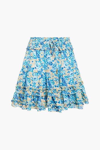 PALOMA BLUE Maya pleated ruffled floral-print crepe de chine mini skirt