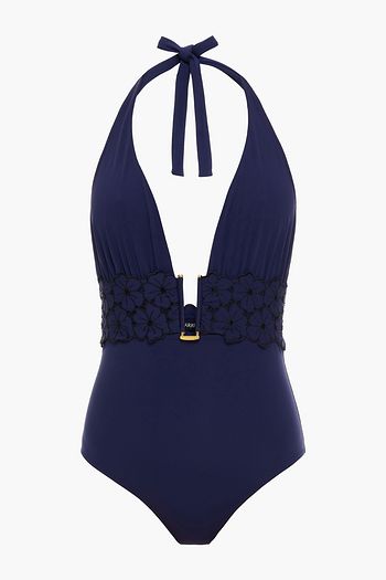 I.D. SARRIERI Embellished broderie anglaise-trimmed halterneck swimsuit