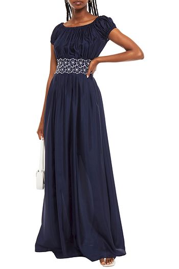 I.D. SARRIERI Embroidered gathered silk-blend voile maxi dress