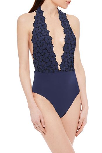 I.D. SARRIERI Malibu Sunshine belted stretch-broderie anglaise halterneck swimsuit