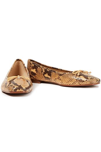 SAM EDELMAN Bow-embellished snake-effect leather ballet flats