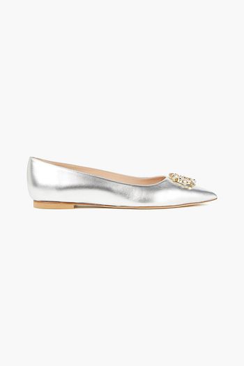 STUART WEITZMAN Mindee embellished metallic leather point-toe flats