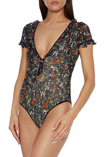MISSONI MARE Mare ruffled floral-print metallic crochet-knit swimsuit