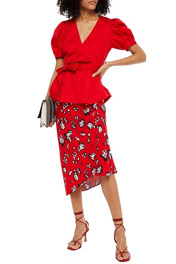 VERONICA BEARD Cheryl asymmetric ruched floral-print cady midi skirt