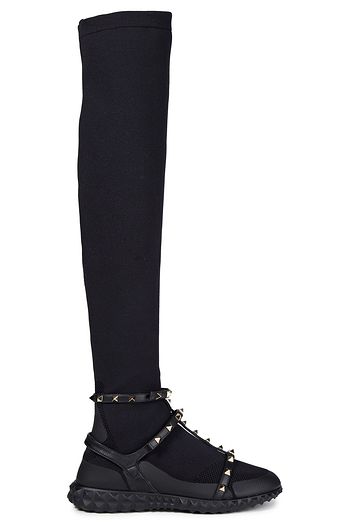VALENTINO GARAVANI Rockstud leather-trimmed stretch-knit over-the-knee boots