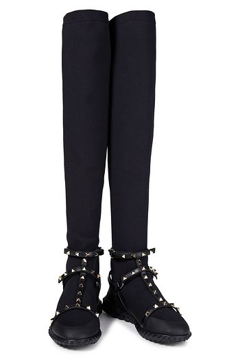 VALENTINO GARAVANI Rockstud leather-trimmed stretch-knit over-the-knee boots