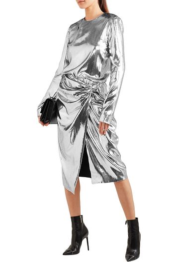 SAINT LAURENT Gathered velvet-lamé dress