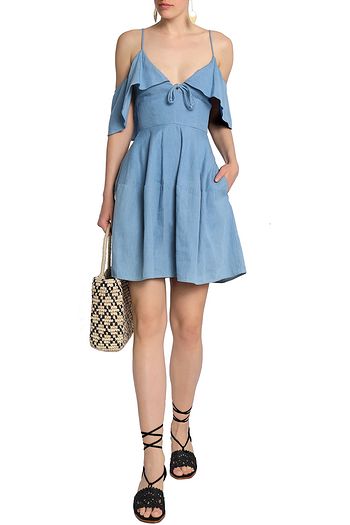 NICHOLAS Cold-shoulder ruffled cotton-chambray mini dress