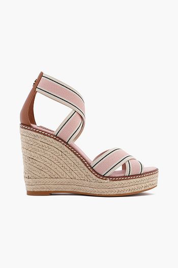 TORY BURCH Leather-trimmed striped grosgrain wedge espadrille sandals