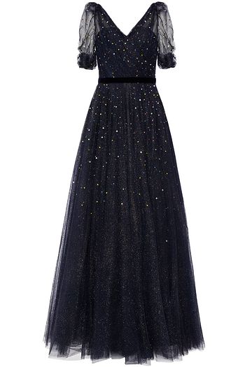 JENNY PACKHAM Velvet-trimmed crystal-embellished glittered tulle gown
