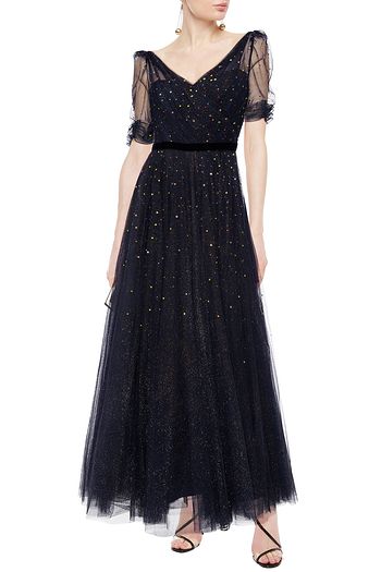 JENNY PACKHAM Velvet-trimmed crystal-embellished glittered tulle gown