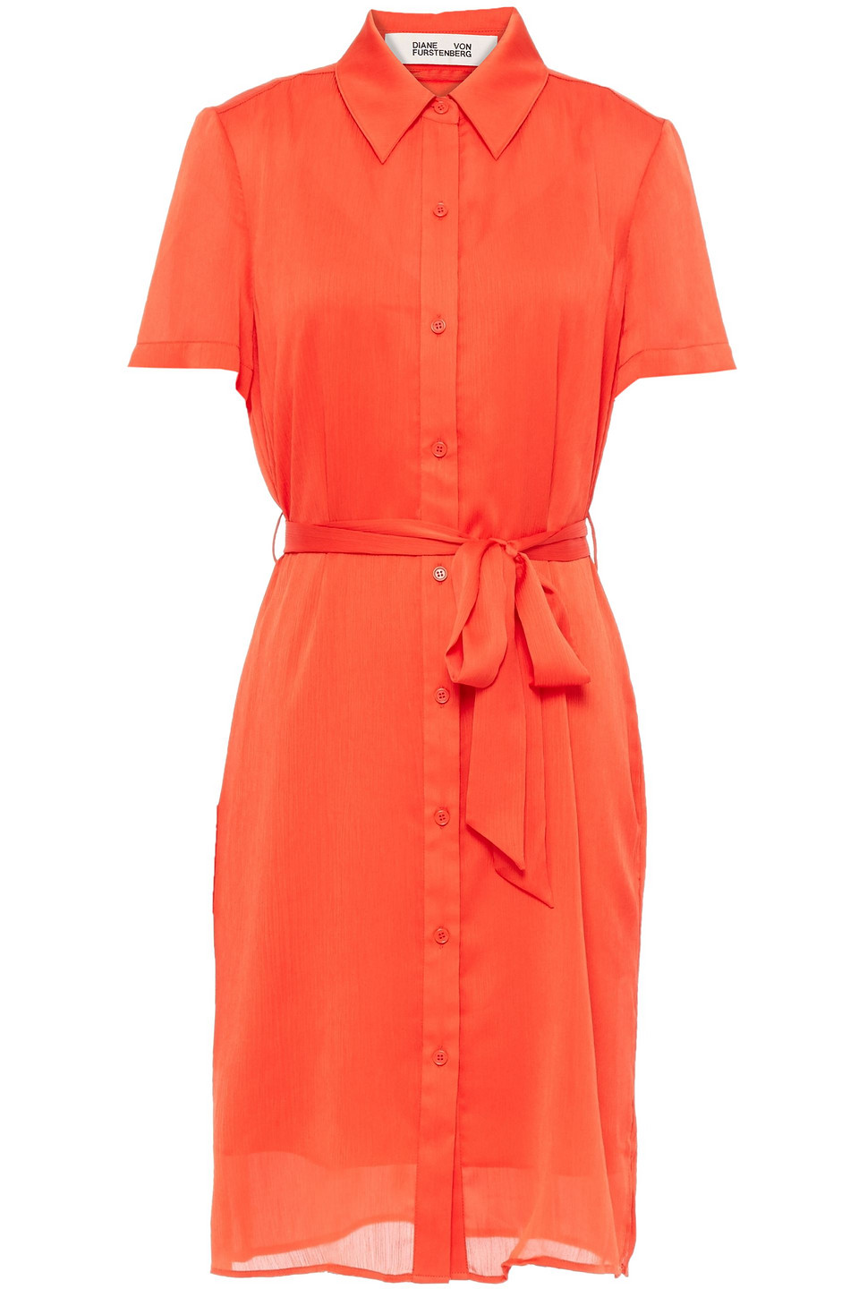 Diane Von Furstenberg Woman Belted Crepon Shirt Dress Bright Orange Size 4