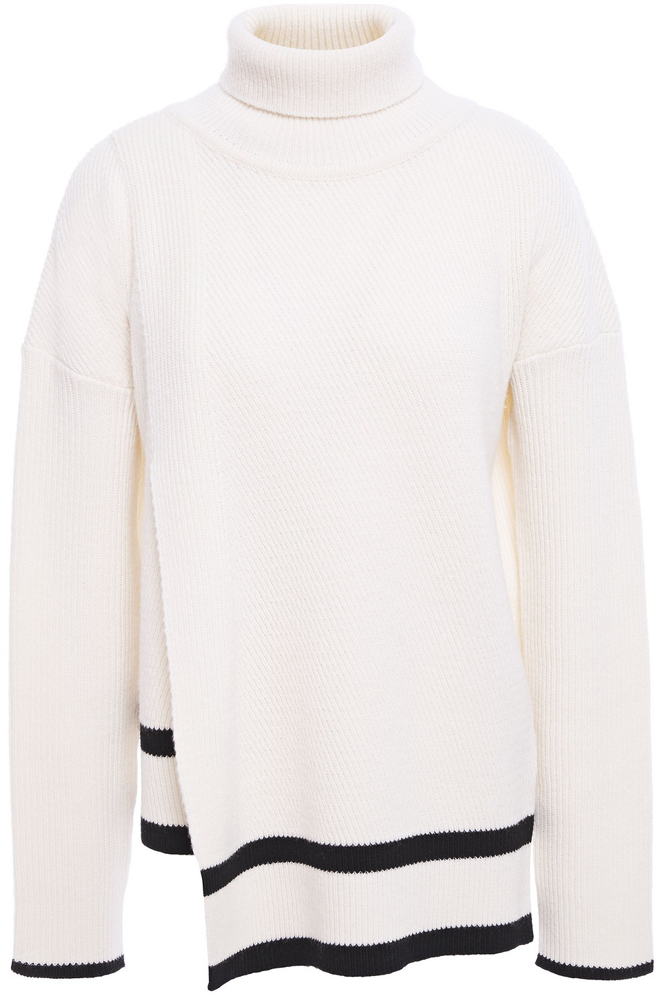 Asymmetric Striped Ribbed Wool Turtleneck Sweater