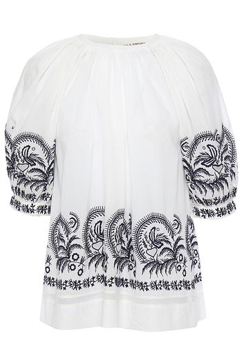 ULLA JOHNSON Oberteil aus Baumwoll-Voile mit Stickereien und Gitterbesatz