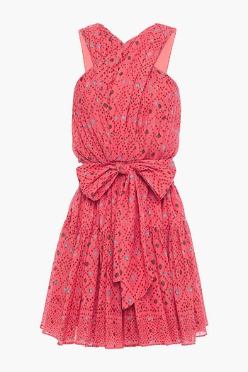ULLA JOHNSON Bedrucktes Minikleid aus einer Baumwollmischung mit Voile und Schleife in Metallic-Optik