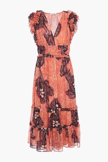 ULLA JOHNSON Midikleid aus Georgette aus einem Seiden-Lurexgemisch mit Fil Coupé und Rüschen