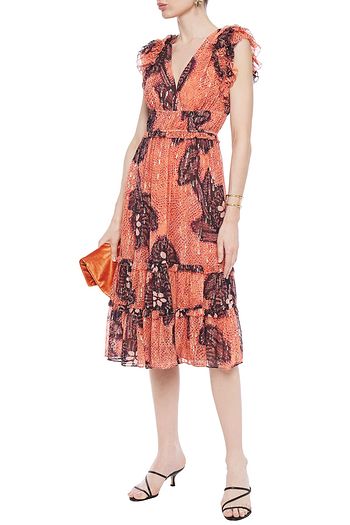 ULLA JOHNSON Midikleid aus Georgette aus einem Seiden-Lurexgemisch mit Fil Coupé und Rüschen