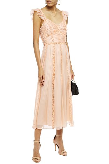 ULLA JOHNSON Midikleid aus Seiden-Voile mit Falten und Rüschen