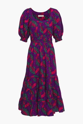 ULLA JOHNSON Gerafftes, bedrucktes Midikleid aus Baumwollpopeline