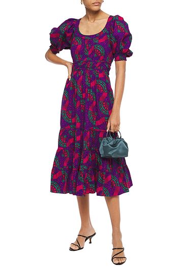 ULLA JOHNSON Gerafftes, bedrucktes Midikleid aus Baumwollpopeline