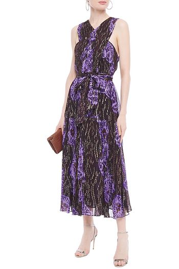 ULLA JOHNSON Bedrucktes Midikleid aus Chiffon aus einer Seiden-Lurexmischung mit Fil Coupé in Metallic-Optik