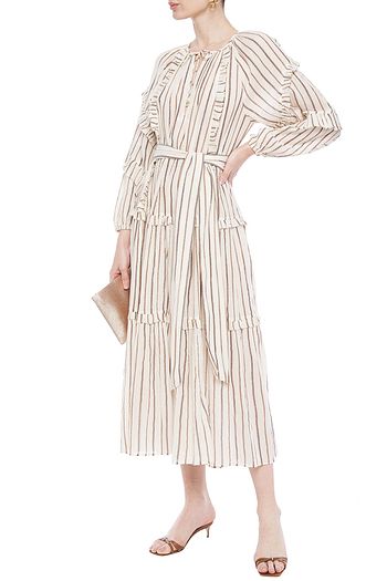 ULLA JOHNSON Ruffled striped cotton and Lurex-blend gauze midi dress