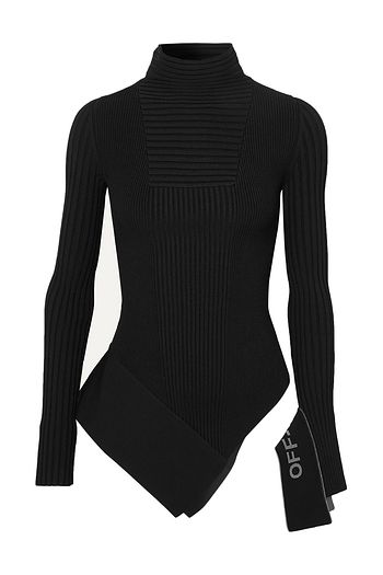 OFF-WHITE™ Asymmetric paneled ribbed-knit turtleneck top