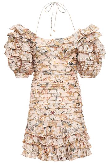 ZIMMERMANN Off-the-shoulder tiered printed linen and silk-blend mini dress