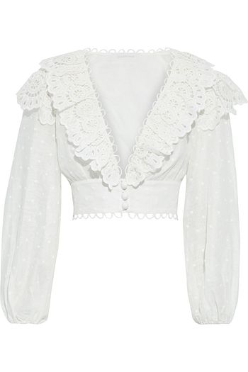ZIMMERMANN Bellitude Scallop cropped Swiss-dot broderie anglaise linen top