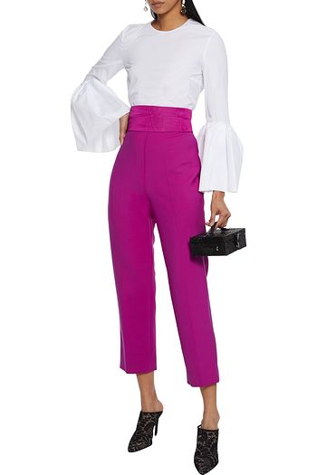 OSCAR DE LA RENTA Cropped moire-trimmed wool-blend crepe straight-leg pants