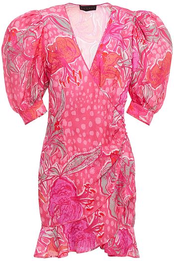 DUNDAS Gathered printed satin-jacquard mini wrap dress