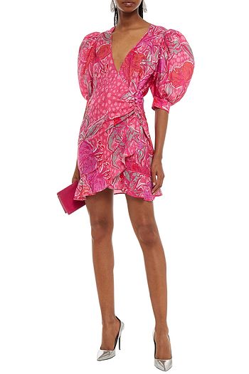 DUNDAS Gathered printed satin-jacquard mini wrap dress