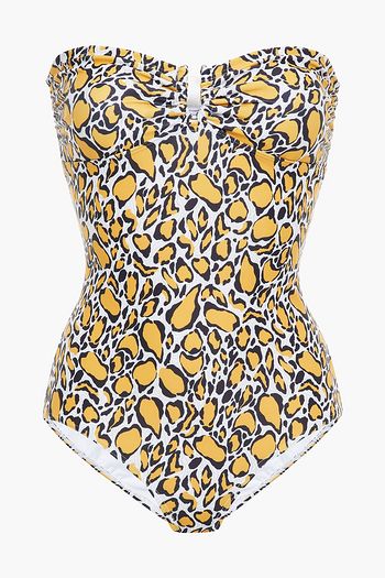 GESTUZ Printed gathered bandeau swimsuit