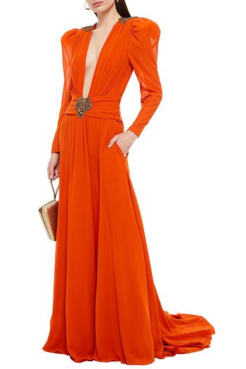 DUNDAS Gathered embellished silk crepe de chine gown