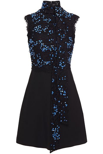 VALENTINO Tie-neck crepe-paneled embellished corded lace mini dress