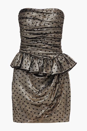 DUNDAS Strapless ruffled silk-blend Swiss-dot lamé mini dress