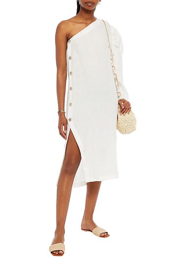 PIECE OF WHITE One-shoulder button-detailed linen midi dress