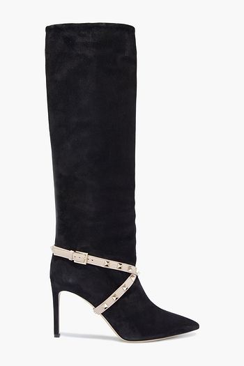 VALENTINO GARAVANI Rockstud leather-trimmed suede knee boots