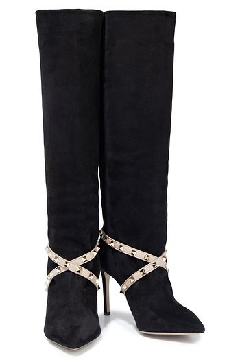 VALENTINO GARAVANI Rockstud leather-trimmed suede knee boots
