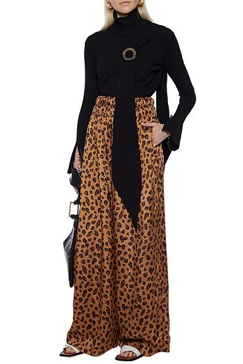 ROSETTA GETTY Shirred leopard-print satin-twill wide-leg pants