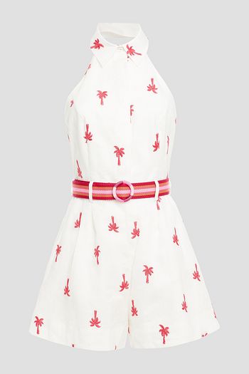 ZIMMERMANN Fiesta Palm belted embroidered linen halterneck playsuit