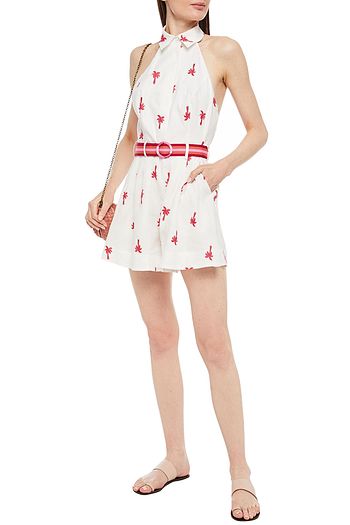 ZIMMERMANN Fiesta Palm belted embroidered linen halterneck playsuit